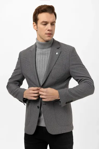 Слим-крой пиджак с армированным дизайном из полиэстера, застежка на два пуговицы, карманы с клапанами, без воротника, цвет антрацит - фото 3