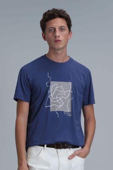 Nally Modern Grafik T- Shirt Koyu Saks - fotoğraf 1