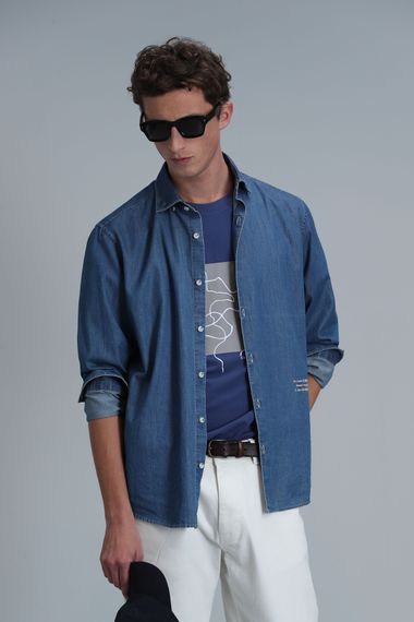 Nally Modern Grafik T- Shirt Koyu Saks - fotoğraf 5