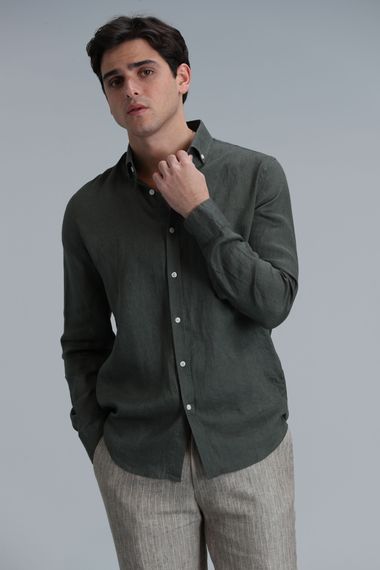 Чоловіча сорочка з льону Pitaya Comfort Fit кольору хаки, доступна в розмірах S-4XL - фото 1