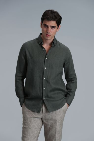 Чоловіча сорочка з льону Pitaya Comfort Fit кольору хаки, доступна в розмірах S-4XL - фото 3