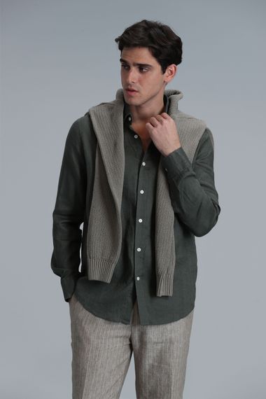 Чоловіча сорочка з льону Pitaya Comfort Fit кольору хаки, доступна в розмірах S-4XL - фото 5