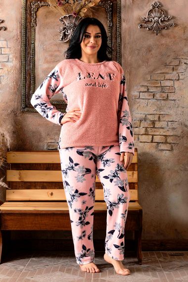 Nisanca Büyük Beden Peluş Polar Pijama Takımı- Kışlık Büyük Beden Kadın Pijama  - fotoğraf 2