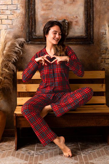 Nisanca Winter Buttoned Plaid Pattern Christmas Themed Women's Suede Pajamas Set - photo 1