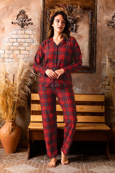 Nisanca Winter Buttoned Plaid Pattern Christmas Themed Women's Suede Pajamas Set - photo 3