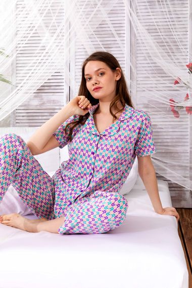 Yazlık Pamuklu Biyeli Önden Düğmeli Kısa Kol Retro Pijama Takımı  - fotoğraf 5