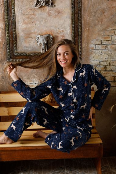 Winter New Year Patterned Women's Shirt Fleece Pajama Set - Deer Christmas Pajamas - photo 1