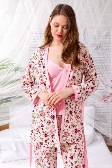 Nisanca Kutulu Çeyizlik Zen Pijama Seti - Exclusive 3 Parça İpeksi Sabahlıklı Kadın Pijama Takımı - photo 4