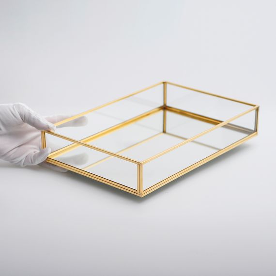 Tepsi Ayna Tabanlı Söz Nişan Sunum Masası Gold Pirinç Brass 30x20x6cm - fotoğraf 1