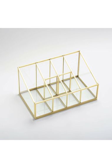 Золотой латунный органайзер для макияжа с 6 отделениями 25x15x12/7 см выполнен из оригинальной латуни и стекла ручной работы - фото 4