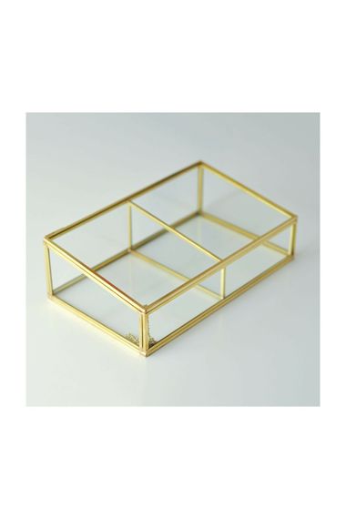 Gold Brass Brass Glass Jewelry, Makeup, Accessory Box with Decorative Lid, 2 Compartments - photo 1