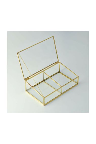 Gold Brass Brass Glass Jewelry, Makeup, Accessory Box with Decorative Lid, 2 Compartments - photo 2