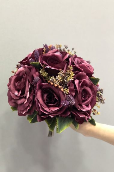 Bridal Bouquet and Boutonniere with Purple Artificial Roses