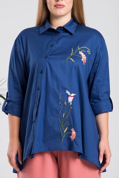 Plus Size Asymmetric Bird Embroidered Shirt - photo 3