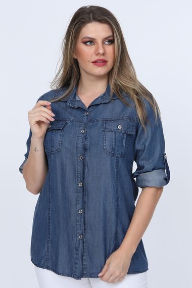 Blue Large Size Tencel Denim Shirt With Pocket G015-1 - photo 2