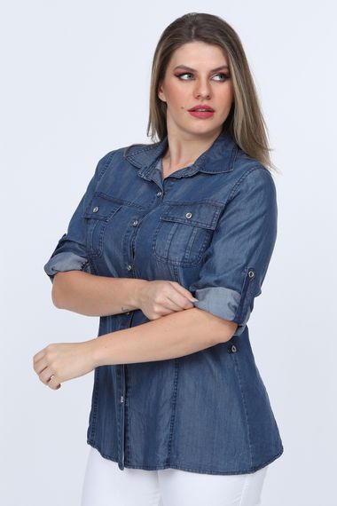 Blue Large Size Tencel Denim Shirt With Pocket G015-1 - photo 4