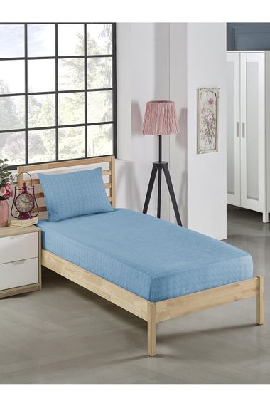 Комплект эластичного постельного белья из хлопка одинарного мятно-синего цвета 100x200см