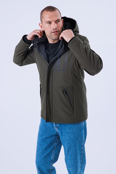 Erkek Kapüşonlu Su ve Rüzgar Geçirmez Kapitone İçi Kürklü ElyafDolgulu Şişme Lacivert Softshell Mont - fotoğraf 5