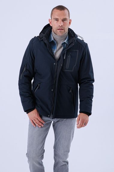 Erkek Kapüşonlu Su ve Rüzgar Geçirmez Kapitone İçi Kürklü ElyafDolgulu Şişme Lacivert Softshell Mont - fotoğraf 1