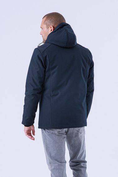 Erkek Kapüşonlu Su ve Rüzgar Geçirmez Kapitone İçi Kürklü ElyafDolgulu Şişme Lacivert Softshell Mont - fotoğraf 4