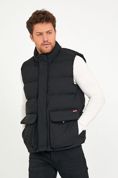 Erkek Cep Detaylı Fermuarlı ve Çıtçıt Kapama Polyester Dolum Siyah Şişme Yelek - fotoğraf 3
