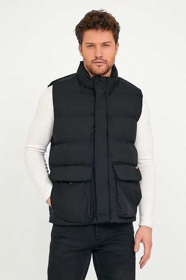 Erkek Cep Detaylı Fermuarlı ve Çıtçıt Kapama Polyester Dolum Siyah Şişme Yelek - fotoğraf 5