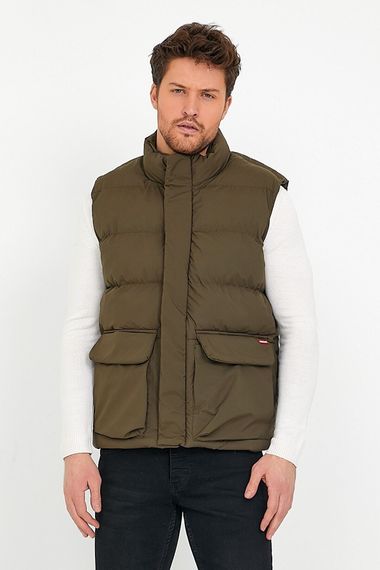 Erkek Cep Detaylı Fermuarlı ve Çıtçıt Kapama Polyester Dolum Haki Şişme Yelek - fotoğraf 1