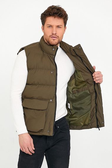 Erkek Cep Detaylı Fermuarlı ve Çıtçıt Kapama Polyester Dolum Haki Şişme Yelek - fotoğraf 4