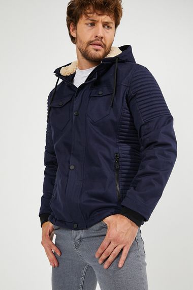 Men's Dark Navy Blue Hooded Gabardine Linen Water And Windproof Pocket Detailed Fur Coat Coat - photo 3