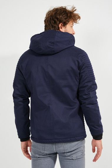 Men's Dark Navy Blue Hooded Gabardine Linen Water And Windproof Pocket Detailed Fur Coat Coat - photo 4