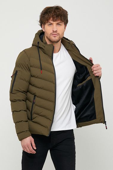 Чоловіче водонепроникне та вітронепроникне кишенькове товсте надувне пальто кольору хакі з капюшоном і хутряною підкладкою - фото 1