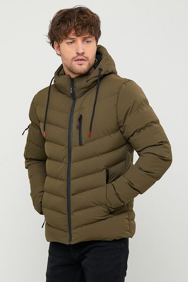 Чоловіче водонепроникне та вітронепроникне кишенькове товсте надувне пальто кольору хакі з капюшоном і хутряною підкладкою - фото 2