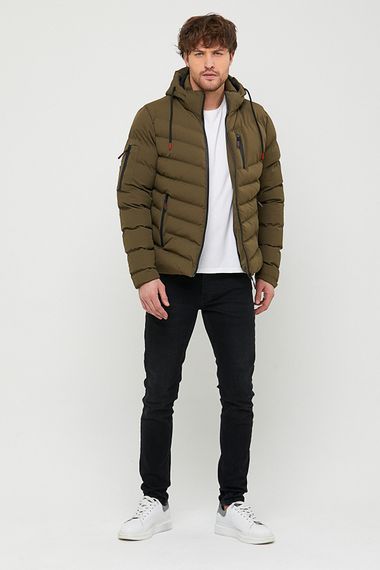 Men's Waterproof And Windproof Pocket Detailed Hooded Khaki Thick Inflatable Coat With Fur Liner - photo 3