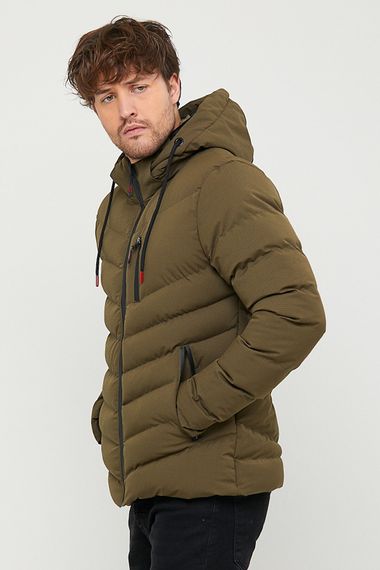 Чоловіче водонепроникне та вітронепроникне кишенькове товсте надувне пальто кольору хакі з капюшоном і хутряною підкладкою - фото 5