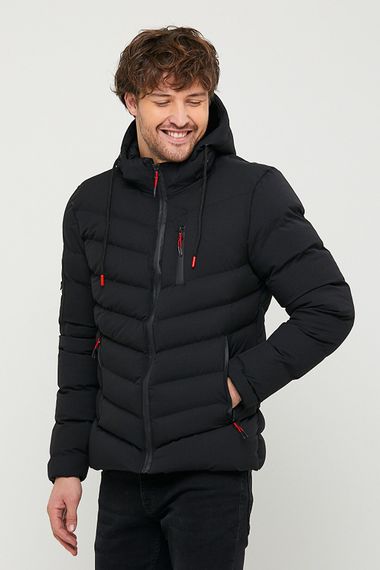 Men's Waterproof And Windproof Pocket Detailed Inner Fur Hooded Black Thick Inflatable Coat - photo 2