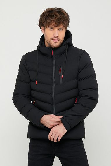Men's Waterproof And Windproof Pocket Detailed Inner Fur Hooded Black Thick Inflatable Coat - photo 5