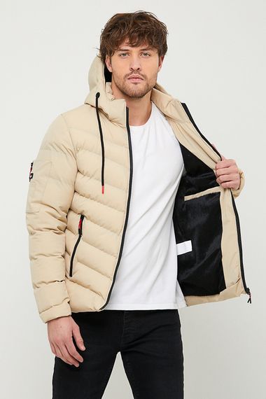 Men's Beige Water And Windproof Pocket Detailed Furry Hooded Inflatable Coat - photo 1