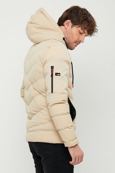 Men's Beige Water And Windproof Pocket Detailed Furry Hooded Inflatable Coat - photo 3