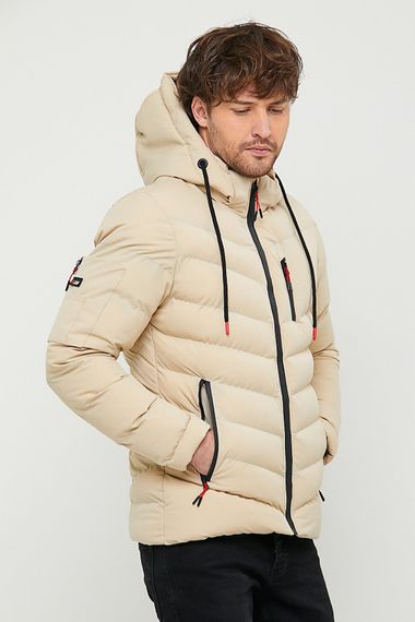 Men's Beige Water And Windproof Pocket Detailed Furry Hooded Inflatable Coat - photo 4