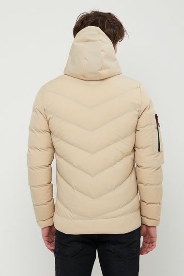 Men's Beige Water And Windproof Pocket Detailed Furry Hooded Inflatable Coat - photo 5