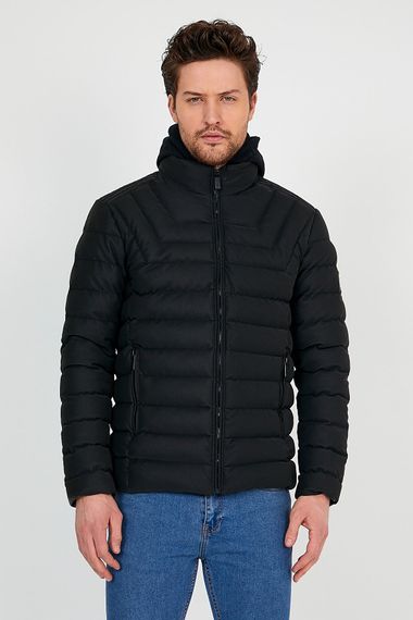 Чоловіче чорне водонепроникне пальто з капюшоном із вуглецевої шкіри з капюшоном і вітронепроникною кишенею з деталізованим капюшоном - фото 1