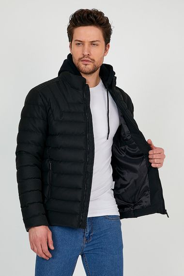 Men's Black Hooded Carbon Leather Water And Windproof Pocket Detailed Hooded Coat - photo 2
