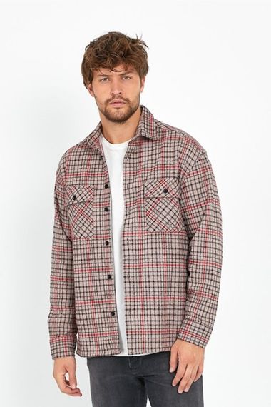 Men's Cream Oversize Long Sleeve Check Plaid Thick Fabric Lumberjack Shirt - photo 2