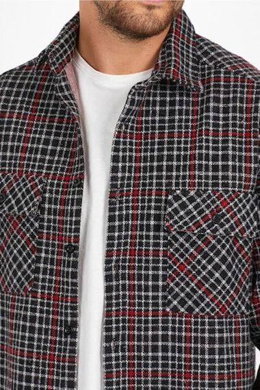 Erkek Siyah Oversize Uzun Kol Kareli Ekoseli Kalın Kumaş Oduncu Gömleği - fotoğraf 2