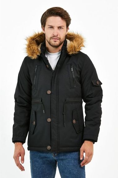 Men's Black Hooded Oxford Polyester Water And Windproof Thick Fur Coat Long Coat - photo 2