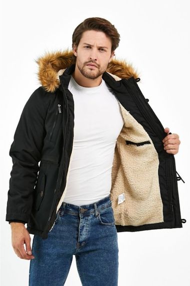 Men's Black Hooded Oxford Polyester Water And Windproof Thick Fur Coat Long Coat - photo 3
