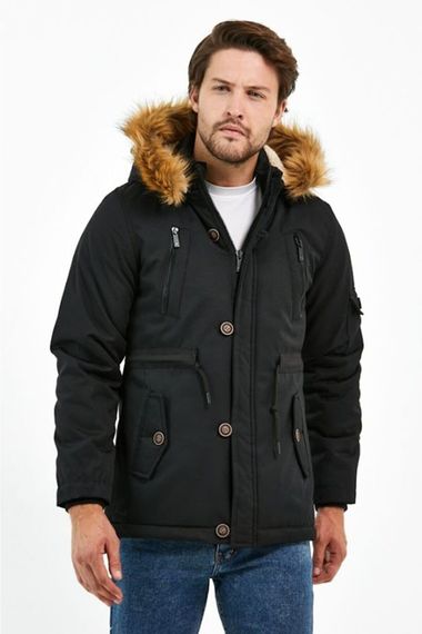 Men's Black Hooded Oxford Polyester Water And Windproof Thick Fur Coat Long Coat - photo 4