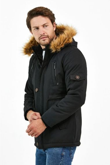 Men's Black Hooded Oxford Polyester Water And Windproof Thick Fur Coat Long Coat - photo 5