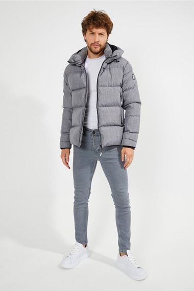 Men's Gray Hooded Inflatable Water And Windproof Pocket Detailed Fur Hooded Coat - photo 2