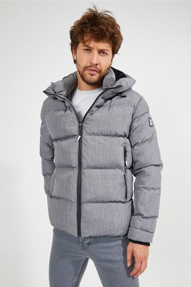 Men's Gray Hooded Inflatable Water And Windproof Pocket Detailed Fur Hooded Coat - photo 1